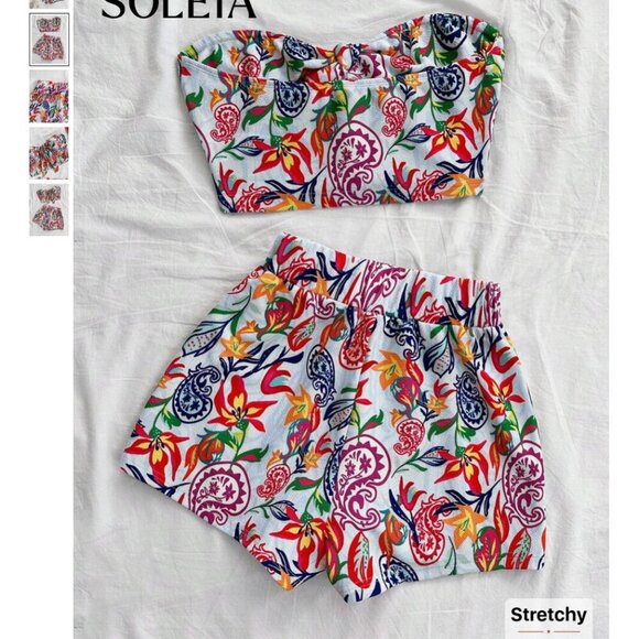 2 Pc Beach Set, Colorful Paisley Print Tie-Front Top And Elastic Waist Shorts - Picture 5 of 10